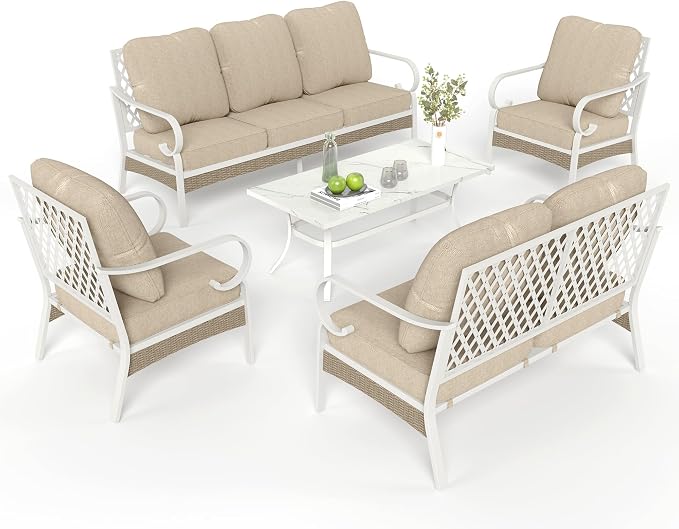 MIXPATIO 5 Piece Patio Furniture Set, 2 x Fixed Chair, 1 x 2-Seat Sofa, 1 x 3-Seat Sofa with Marbling Coffee Table, All Cushioned 7 Seats Outdoor Conversation Set for Lawn Garden Backyard, Beige