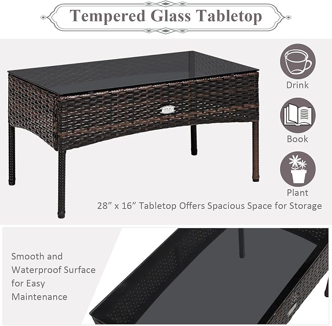 Tangkula 3 Pieces Patio Conversation Set, All Weather Outdoor PE Rattan Wicker Furniture Set with Padded Cushions, Tempered Glass Coffee Table, for Poolside, Backyard, Garden (Gray)