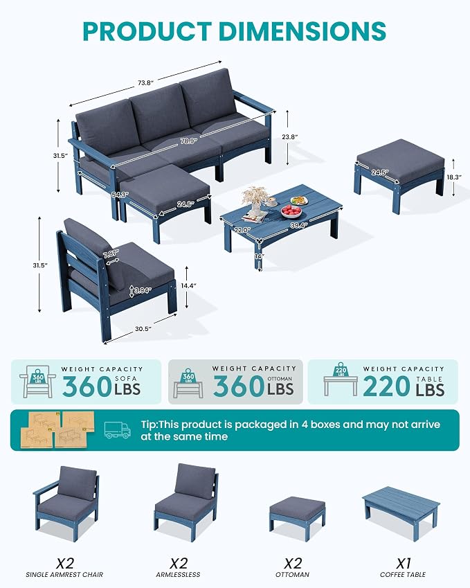 SERWALL 7 Pieces Patio Conversation Set, Heavy Duty HDPE Outdoor Sectional Sofas with Cushions and Coffee, All-Weather Outdoor Couch Set for Backyard, Deck and Porch, Blue Frame with Grey Cushion