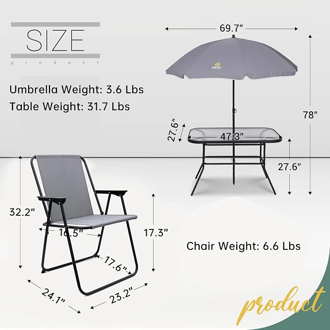 Nice C Outdoor Dining Sets, Patio Furniture Set, 8 Piece Set with Umbrella, Garden Outdoor Furniture Table Set with Removable Umbrella, Glass Table, and 6 Folding Chairs (Grey)