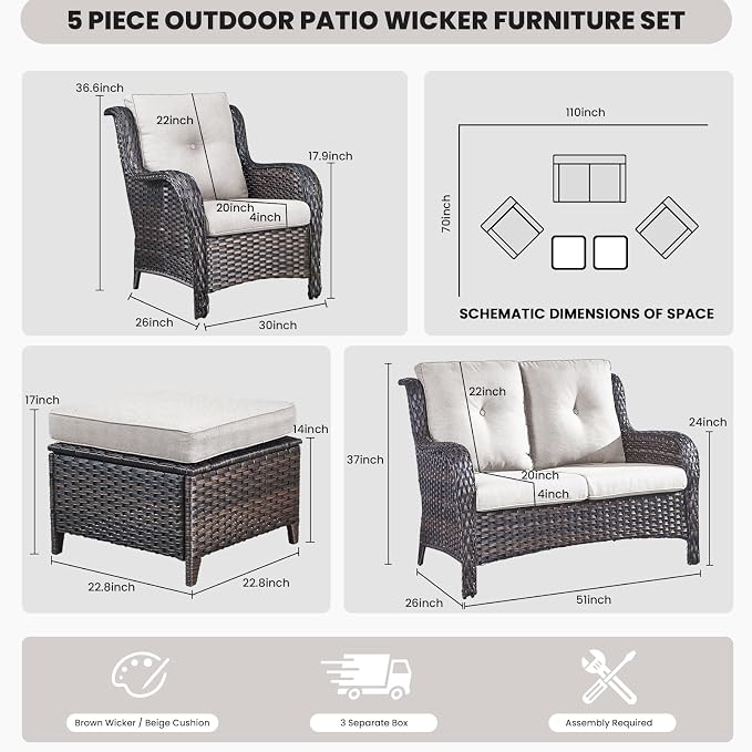 Belord Outdoor Wicker Furniture 5 Pieces Patio Furniture Set Patio Wicker Chairs with Ottomans Conversation Set for Porch Garden Deck Balcony Poolside