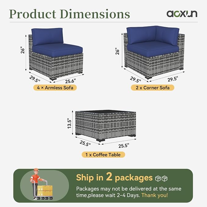 Aoxun 7 Piece Patio Furniture Set Wicker Rattan Patio Conversation Set Outdoor Sectional Sofa Set with Coffee Table and Thickened Cushions, Gray/Blue