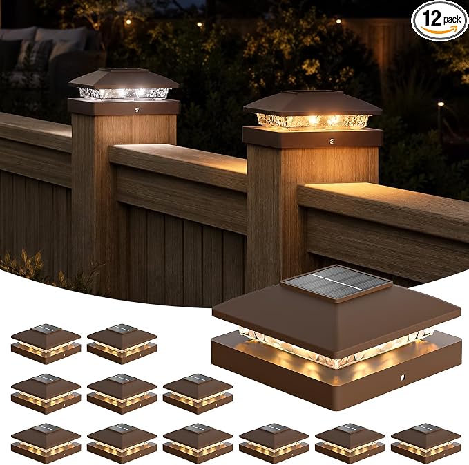 APONUO Solar Post Cap Lights for 4x4 Posts - IP64 Waterproof, Warm/Cool White, Wireless Fence Lights & Deck Lights for Patios, Gardens, and Yards, Brown,12 Pack