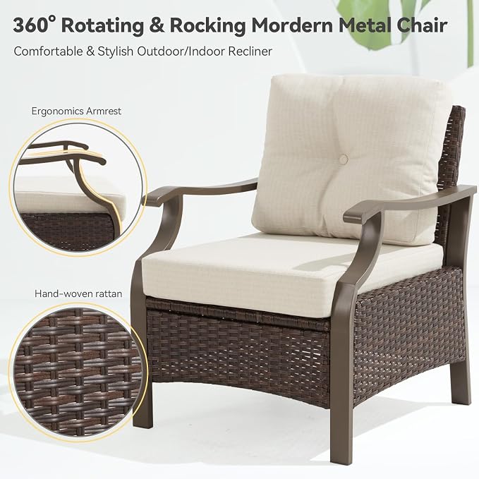 Outdoor Patio Furniture Set, 6 Pieces Outdoor Conversation Sets with Coffee Table & Side Table, Wicker Rattan Outdoor Sectional Sofa Set for Backyard, Deck, Porch, Poolside, Beige