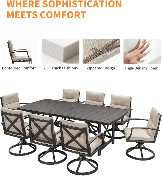 9 Pieces Patio Dining Set for 8, Never Rusts Aluminum Outdoor Swivel Dining Set, Outdoor Dining Set with Cushions, Patio Table and Chairs Furniture Sets for Deck, Garden, Yard, Gunmetal