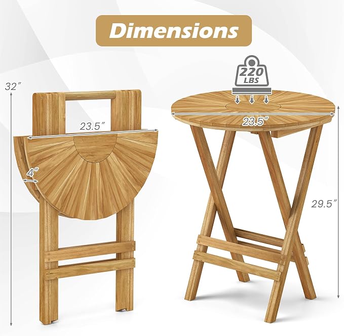 Tangkula Patio Folding Side Table, 23.5" Teak Wood Round End Table with Slatted Tabletop & X-Shaped Frame, Portable & Compact Bistro Table for Backyard, Poolside, Garden, Fully Assembled, Natural