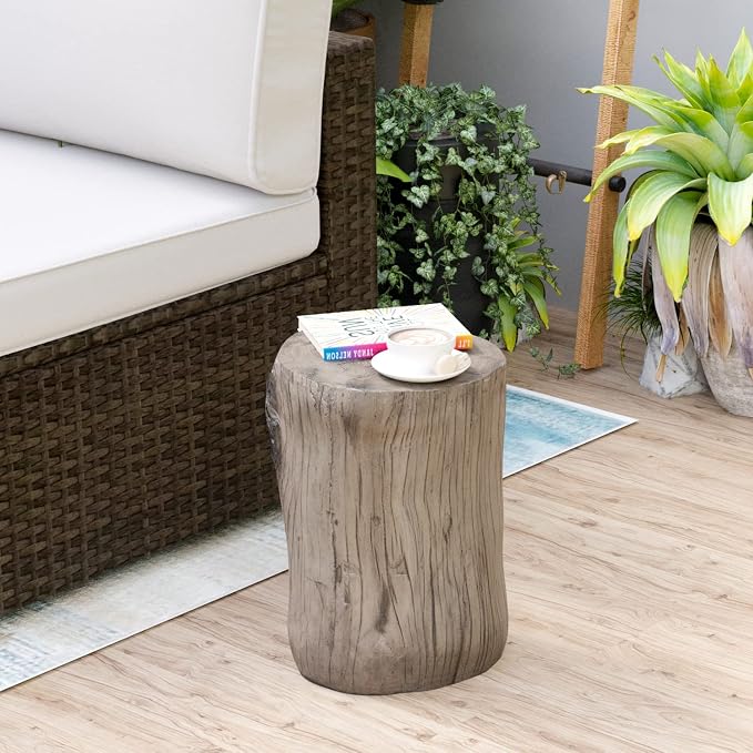 HOMPUS Concrete Outdoor Side Table Tree Stump Modern Round Coffee Table Accent Table Plant Stand Faux Wood End Table Garden Stool for Patio,Home Decor, Living Room(Light Gray)