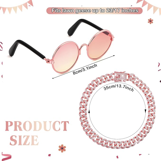 Shyyween Chain Collar and Sunglasses Porch Goose Outfits for Plastic Goose 23"/ 17'' Lawn Geese Statue Sunglasses Collar for Garden Geese Retro Pet Cosplay Party Yard(Pink,Rhinestone)