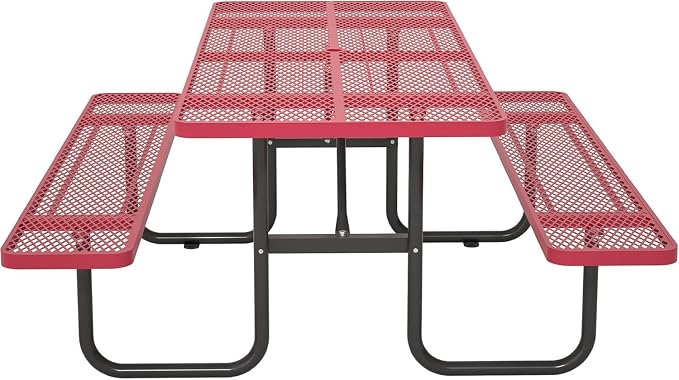 Coated Steel Heavy Duty Picnic Table for Outdoors 2200 lbs Load, Rectangular Camping Table with 1.78" Umbrella Hole, Commercial Picnic Table with Benches, Red