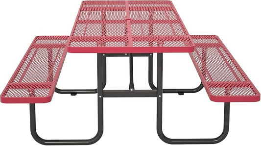 Coated Steel Heavy Duty Picnic Table for Outdoors 2200 lbs Load, Rectangular Camping Table with 1.78" Umbrella Hole, Commercial Picnic Table with Benches, Red