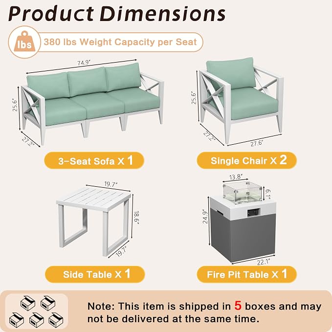 Outdoor Aluminum Patio Furniture Set, 5-Seats Patio Conversation Sofa Set with 37,000 BTU Fire Pit Table w/Glass Wind Guard, All Weather for Pool, Balcony, Garden-White