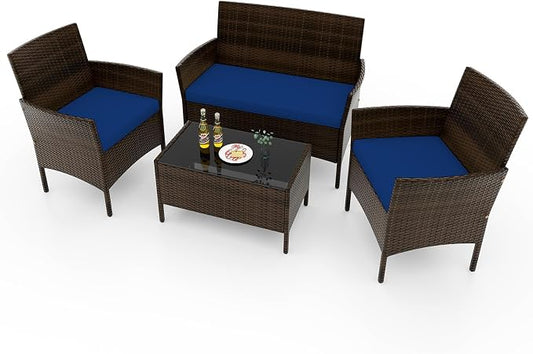 RELAX4LIFE 4-Piece Patio Furniture Set - Rattan Outdoor Conversation Bistro Set w/Cushions, Glass Coffee Table, Wicker Chairs & Loveseat for Garden Backyard Porch, Balcony Furniture Set (1, Navy)