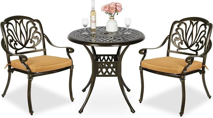 MEETWARM 3 Piece Patio Bistro Set, Outdoor All-Weather Cast Aluminum Dining Furniture Set Includes 2 Cushioned Chairs and a 31” Round Table with Umbrella Hole for Garden Deck