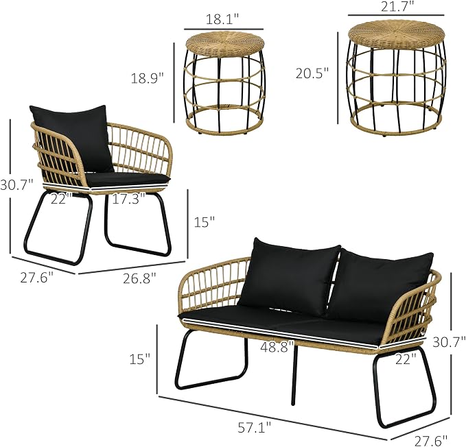 Outsunny 5 Piece PE Rattan Outdoor Furniture Set with Cushioned Chairs & Loveseat Sofa, Patio Sectional Furniture Set, Conversation Sofa Set with Stackable Coffee Tables, Black