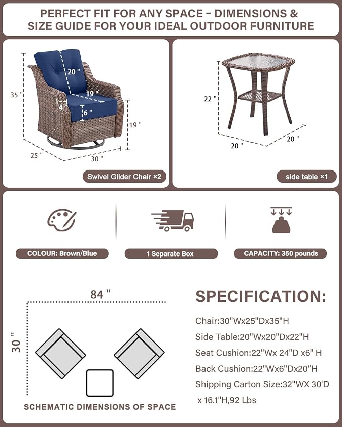 Belord 6" Thick Cushion Outdoor Swivel Rocker Patio Chairs Set of 2,3 Piece Wicker Patio Bistro Set with Side Table and Comfort High Back Outdoor Patio Glider Chair Brown Wicker/Blue Cushion