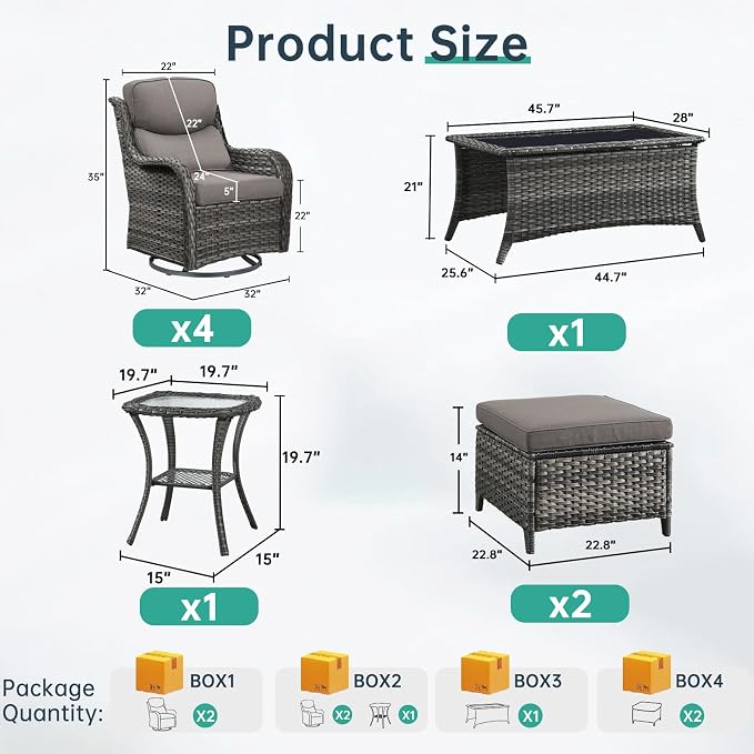 Outdoor Swivel Rocker Patio Chairs Set of 4 with Ottoman Coffee Table - 5" Thick Cushion 8 Piece Furniture Set All Weather Comfortable Wicker Conversation Set for Porch Deck - Gray/Gray