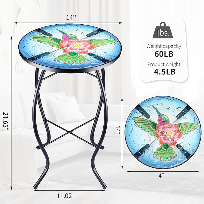 VCUTEKA Patio Side Table Outdoor Accent Table Bistro Coffee Table Plant End Table Small Porch Table Indoor Round Glass Balcony Plant Table Stands Hummingbird 14''