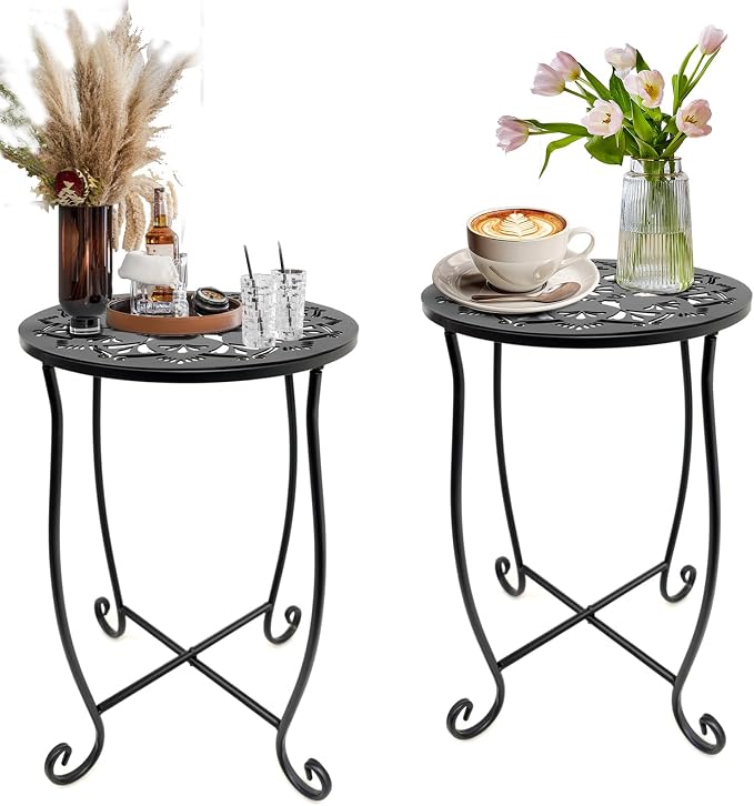 Fashion&cool Outdoor Side Tables for Small Space, 2 Pack Patio Side Table, Weather Resistant Metal Small Round Outdoor Side Table for Patio Yard Porch Balcony Garden Bedside, Plant Stand