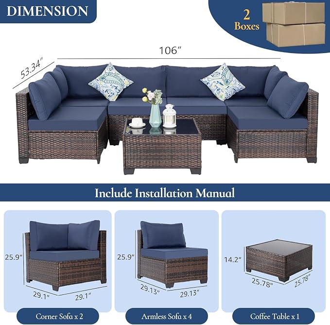 7 Piece Outdoor Patio Furniture Set with Wicker Sectional Couch, Rattan Sofa and Thick Cushions, Patio Conversation Sets with Coffee Table for Garden, Balcony, Backyard Lounge Seating(Gray)