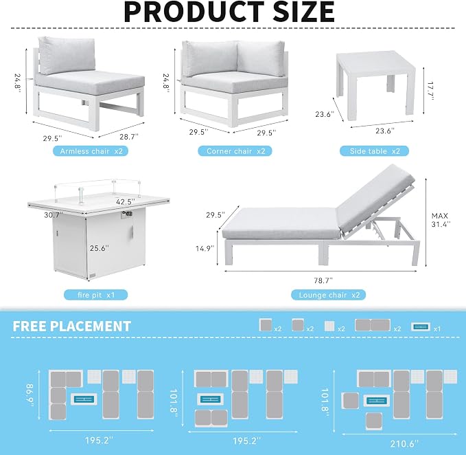BULEXYARD 9 Pcs White Aluminum Patio Furniture Set with Fire Pit Table & Light Gray Cushion, Large Modern Outdoor Modular Sectional Sofa, Luxury Deep Seat Conversation for Backyard Pool