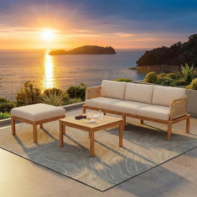 Patio Furniture Set of 3, Outdoor Sectional Furniture with Coffee Table and Ottoman, All-Weather Patio Conversation Set for Backyard, Garden and Poolside (Series A)