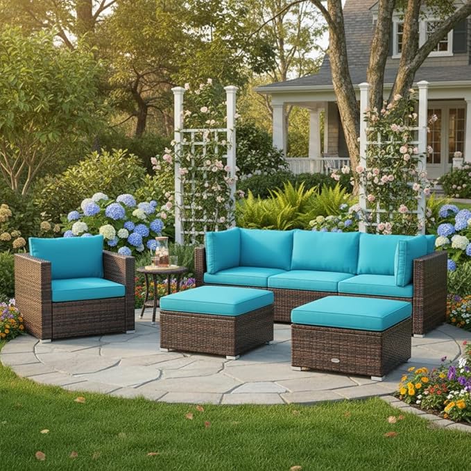 Tangkula 6 Pieces Wicker Patio Furniture Set, PE Rattan Outdoor Sectional Conversation Set with Glass Coffee Table & Ottoman, Wicker Sofa Set with Cushions for Yard Garden, Deck, Porch (Turquoise)