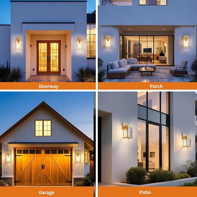 2 Pack Gold Dusk to Dawn Outdoor Front Porch Light Fixtures Wall Mount, Sensor Exterior Lantern Lamp, Outside Lights for House, Waterproof Wall Sconce, Anti Rust Coach Light for Garage Entryway