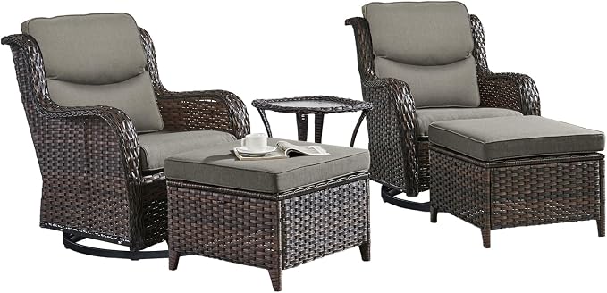 Rilyson Wicker Patio Furniture Set - 5 Piece Rattan Outdoor Sectional Conversation Sets with 2 Swivel Rocking Chairs,2 Ottomans and 1 Side Table for Porch Deck Garden(Brown/Grey/Smile)