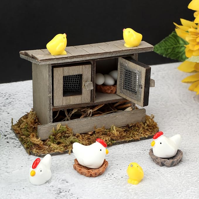 Fairy Garden Mini Chicken Coop Decor, 13-Piece Farm Scene Set | Includes 1 wood coop 3 hens 3 chicks 3 eggs 3 nests, doors open and close, store pieces together to avoid loss