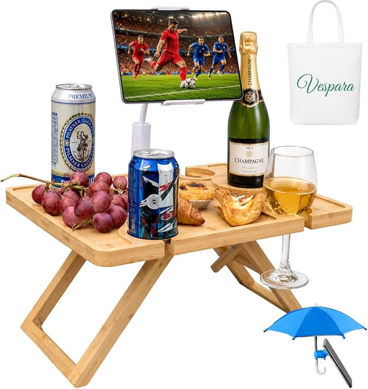 Vespara Portable Wine Picnic Table with Glass Holders, Folding Picnic Table with Adjust Phone Holder & Tote Bag, Wine Glass Snack Tray for Indoor & Outdoor Use, Beach, Park, Camping, Winter Adventure