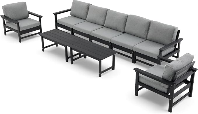 HDPE Outdoor Patio Furniture Set, 9-Piece Sofa Set with 5-Seat Couch, 2 Armchairs & 2 Coffee Tables, Weatherproof Conversation Set with Cushions, All-Weather Waterproof, for Garden, Porch & Backyard