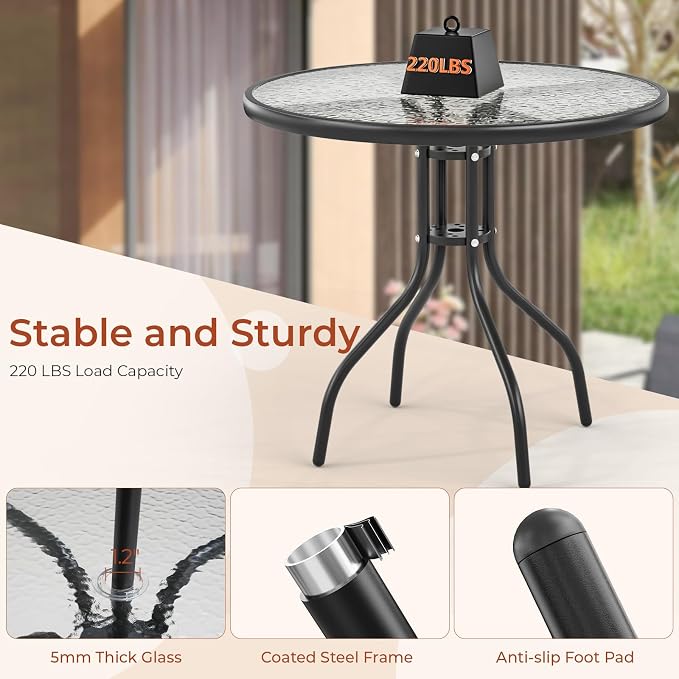 TLSUNNY 6 Pieces Patio Dining Set with 65″ Umbrella, Outdoor Table and Chairs with 31.5″ Round Glass Table, 4 Folding Textilene Chairs, Patio Dining Set W/Steel Frame, for Poolside, Backyard (Black)