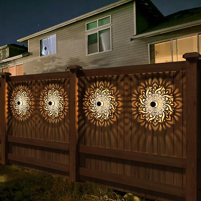 gardencave 4 Pack Solar Fence Lights Metal Solar Powered Outdoor Wall Deck Step Lights Mandala Theme Waterproof Fence Light for Garden Post Patio Backyard Decor (4 Pack)