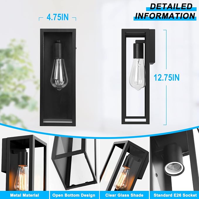 VerRon Outdoor Black Wall Light Fixtures, Modern Exterior Wall Lanterns | Anti-Rust E26 Modern Lighting Fixtures Waterproof with Clear Glass Shades for Patio Garage Entryway Front Door, 2-Pack