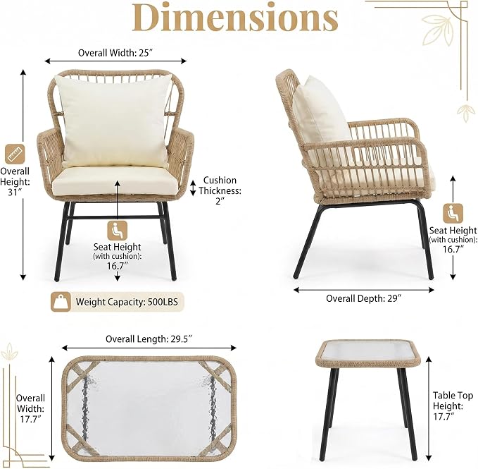 BULEXYARD 3 Pcs Boho Outdoor Patio Furniture Sets with Side Coffee Table, Natural Color Wicker Conversation Chair Sets with Cozy Beige Cushion for Backyard Porch Balcony Deck