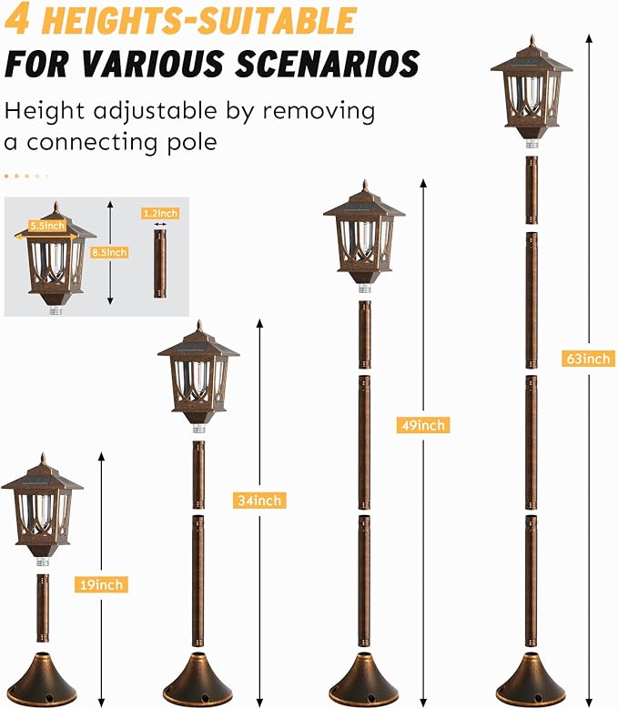 63" Solar Lamp Post Light 2 Pack, Solar Light Posts for Outside Waterproof, Outdoor Lamps for Patio, Backyard, Front Porch Decor, Warm White, Replaceable Bulb
