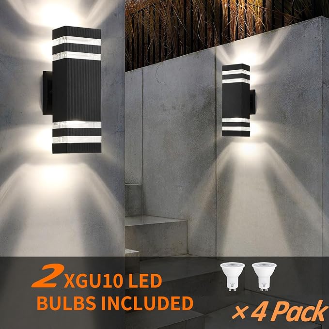 4 Pack Outdoor Wall Lights, Modern Exterior Light Fixture Wall Mount Black Outdoor Lights for House Waterproof Aluminum Up and Down Porch Lights Outdoor Wall for Porch Patio Garage, 2-Layer