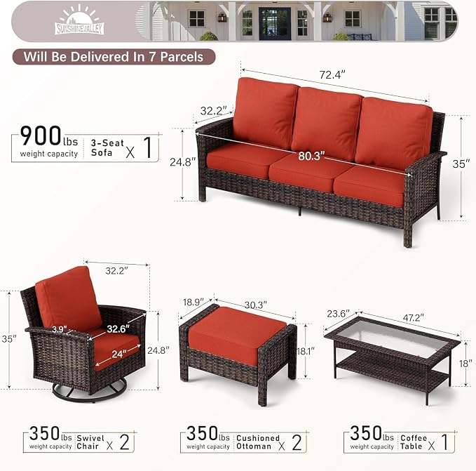SUNSHINE VALLEY 6 Piece Patio Furniture Set with Swivel Chairs, High Back Wicker Rattan Sofa with Extra Thick Cushion, Coffee Table and Ottoman, Outdoor Conversation Set for Backyard Deck,Red