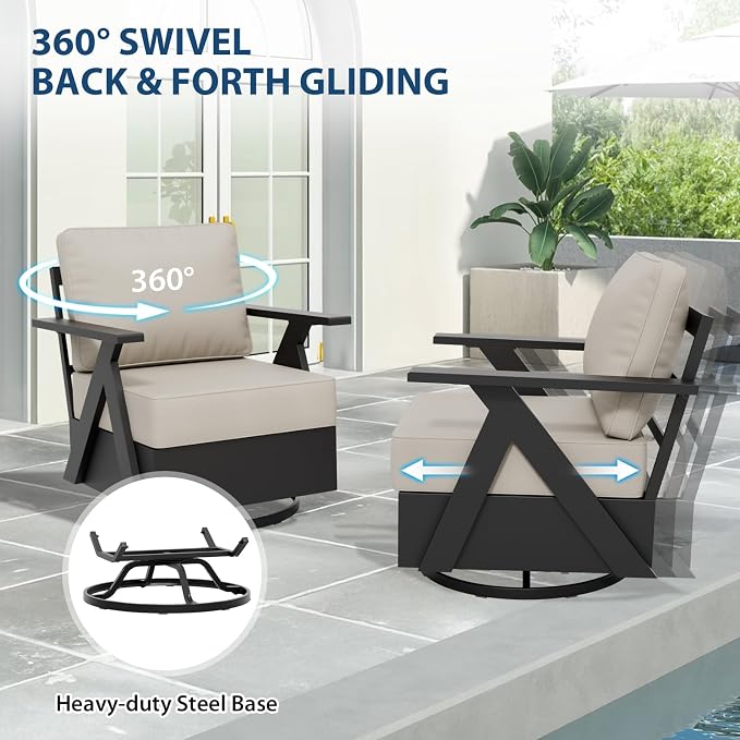 COOS BAY Iron Luxe 5 Piece Outdoor Patio Furniture Set, Modern Patio Conversation Set with 2 Swivel Rocking Chairs, a 3 Seat Couch, Coffee Table & Side Table for Deck, Garden, Porch, Black/Beige
