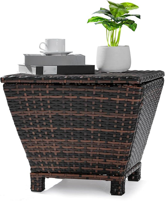Outdoor PE Wicker Side Table with Storage, 13 Gallon Patio Storage Bin Container for Hose Cushion Towel, Gradient Rattan End Table for Backyard Garden Deck, 112 lbs Capacity, Brown