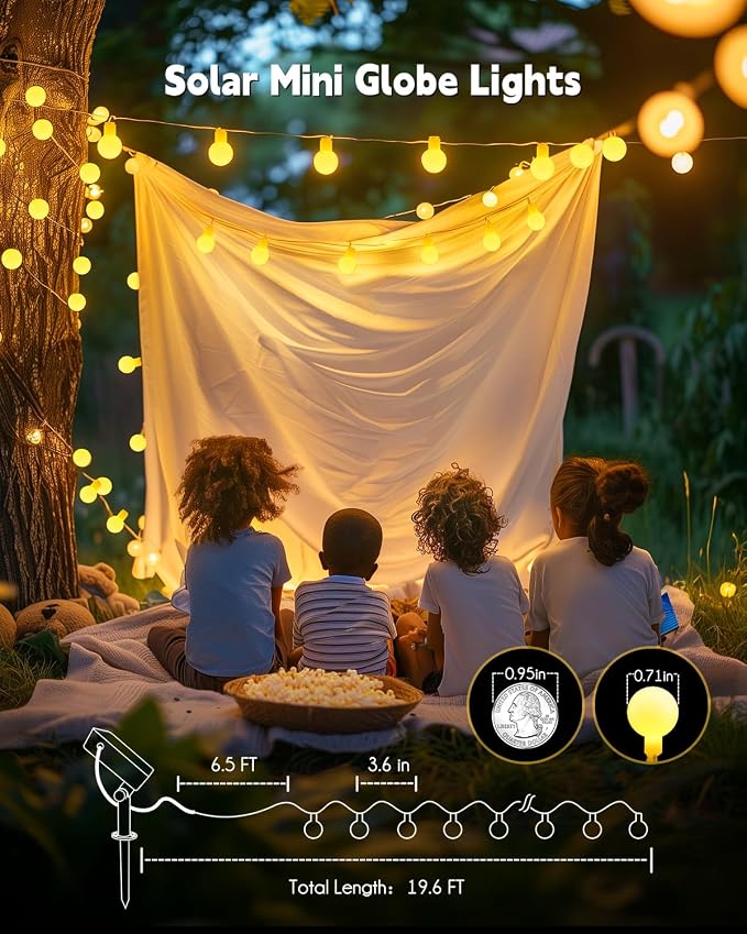 Brightown Solar String Lights 19.6Ft, 60 LED Globe Waterproof, 8 Modes | Solar Patio Lights for Yard Patio Tree Canopy Party Camping Balcony Outdoor Decor