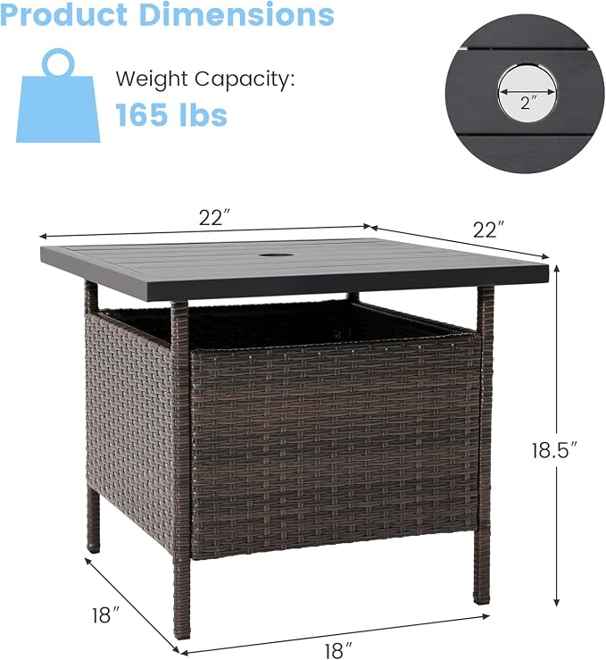 LDAILY Patio Table Umbrella, Outdoor Table with Umbrella Hole, Rattan Patio Side Table with Steel Umbrella Hole, HDPE Desktop & Metal Frame for Deck Garden Poolside Backyard Balcony, Mix Brown