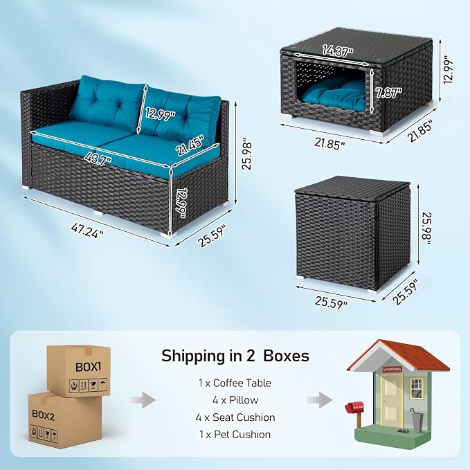 VINGLI 4 Pieces Outdoor Sectional Wicker Patio Furniture with Storage, Patio Sectional Sofa Outdoor Couch Conversation Set, Glass Top Coffee Table for Backyard, Pool, Garden(Black)