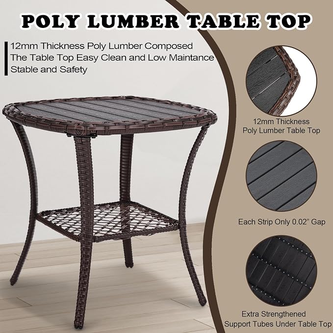 Outdoor Patio Side Table Set of 2 Small Brown Wicker Rattan End Table for Outside Storage Coffee Table with Poly Lumber Table Top for Garden Lawn Pool Porch Deck