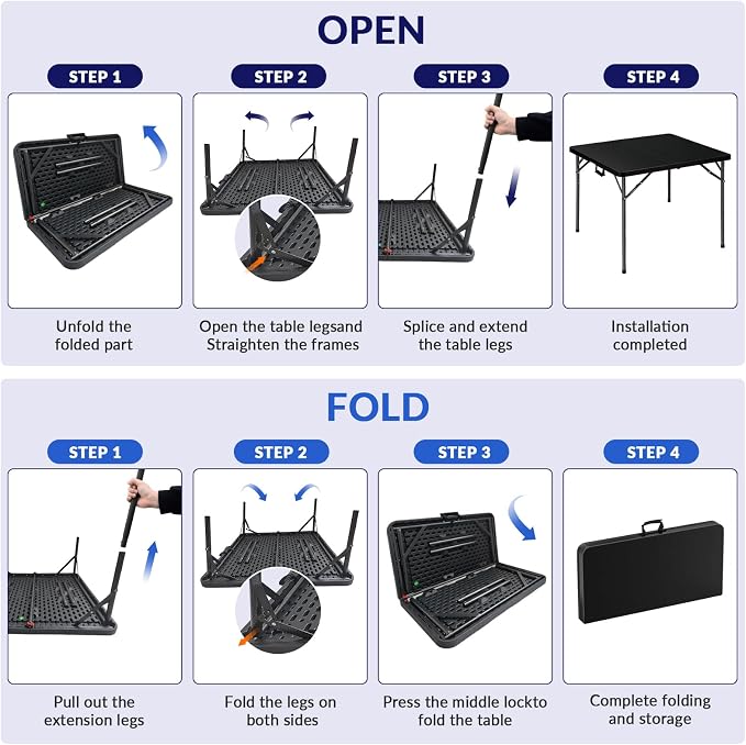 Lakhow 34" Square Folding Table, Plastic Commercial Folding Card Table with Collapsible Legs for Kitchen or Outdoor Party Wedding Event Indoor Outdoor Use, Black