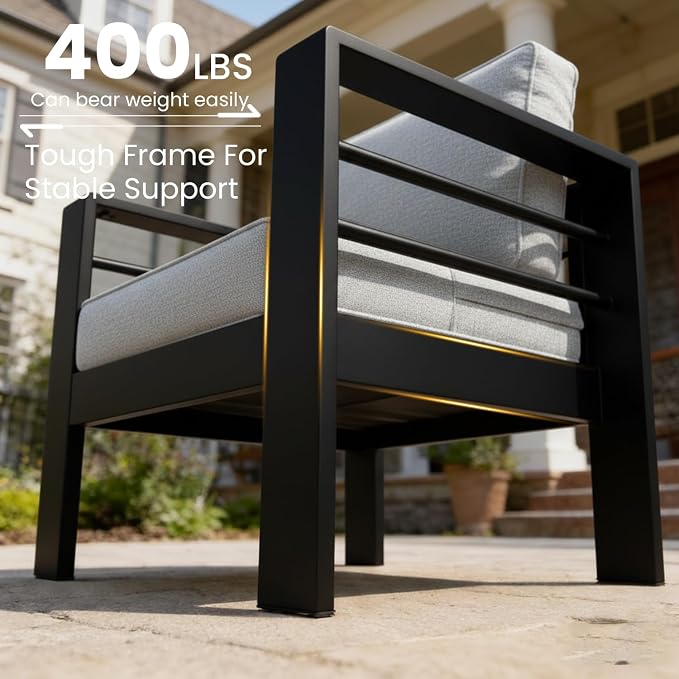 LayinSun Aluminum Furniture Set with Fire Pit Table, 4 Pieces Patio Sectional Conversation Chat Sofa Modern Seating Set