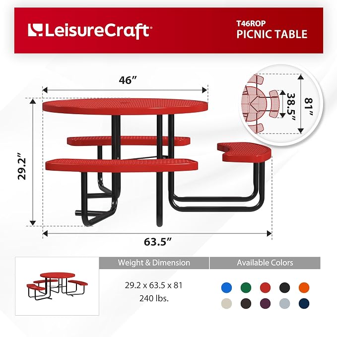 Leisure Craft Metal Picnic Table with Bench - 46" Round Outdoor Dining Table with Umbrella Hole, Heavy Duty Thermoplastic Coating, ADA Compliant, Commercial Grade Furniture Made in USA - Red