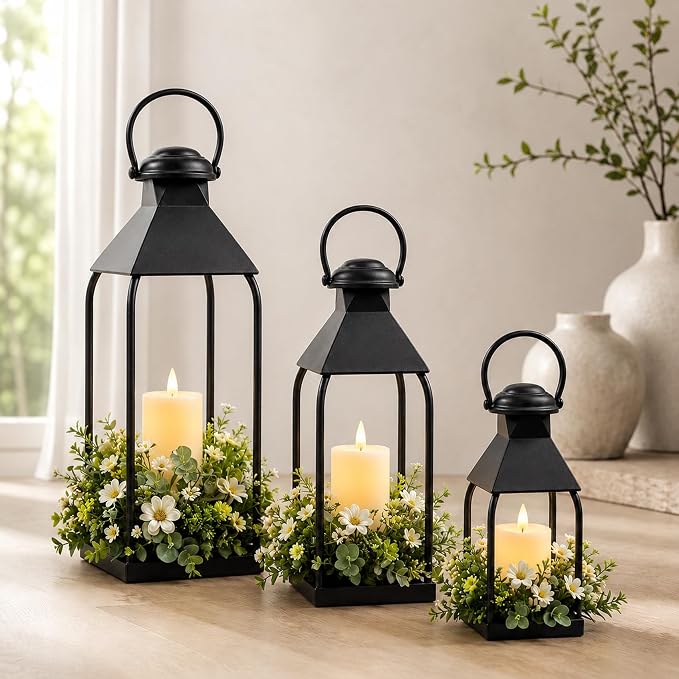 Decorative Metal Lanterns Indoor Outdoor, Lanterns Decorative Outdoor | 3Pcs Candle Holder for Front Porch, Fireplace, Patio, Entryway, Wedding & Christmas, Party Decoration, Table Centerpiece