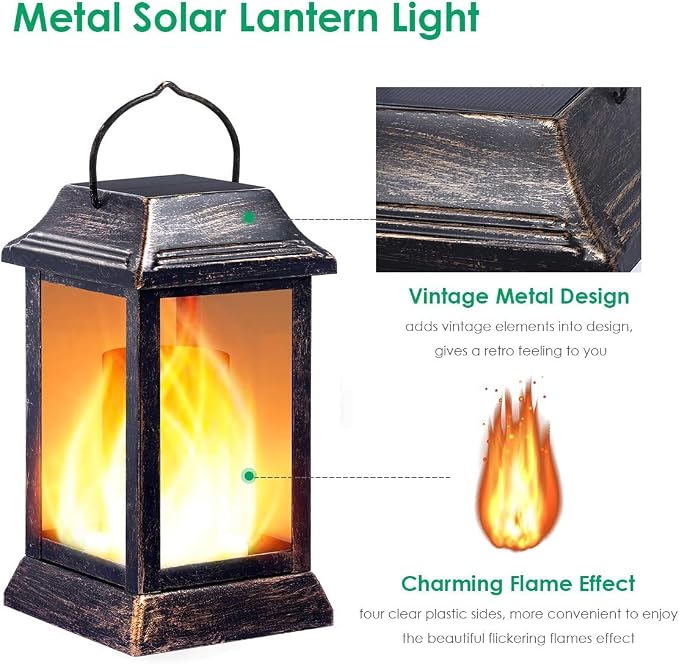 TomCare Flickering Flame Solar Lights Outdoor Metal Hanging Lantern, 4 Pack | Realistic Flame Effect, Charges in 6-8 Hours, 10-12-Hour Runtime, IP65 Waterproof, Auto On/Off for Patio, Garden and Porch