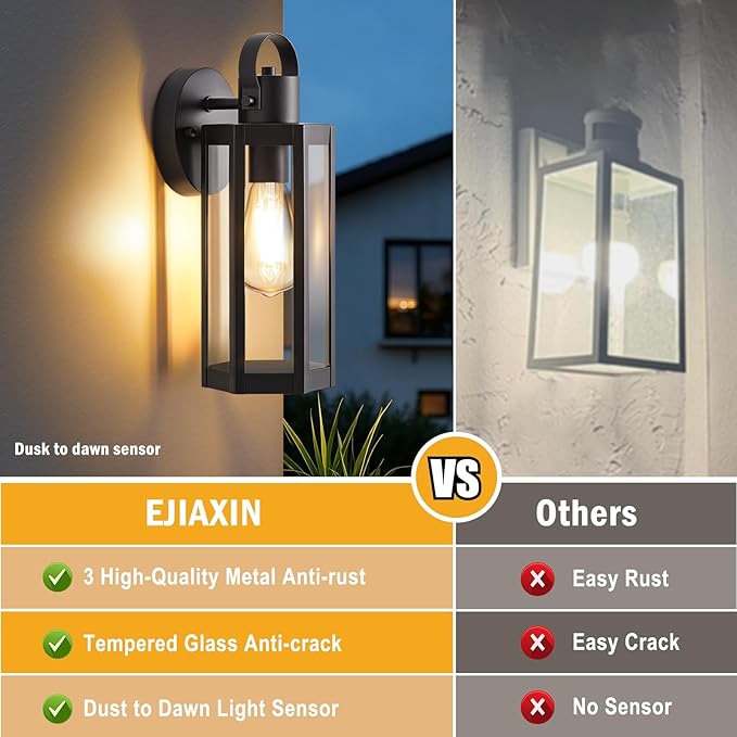 EJIAXIN 2 Pack Exterior Lighting Fixtures, 13" Black Outdoor Wall Light | Clear Glass Shades, Waterproof Metal Construction,Rust-resistant, Easy Installation,Standard E26 Socket, for Patio Garage